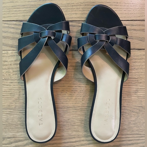 Talbots Shoes - TALBOTS “Keri Vachetta” Black Woven Strap Slide Leather Flat Sandals